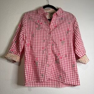 Teddi Pink & White Gingham Floral Blouse. Cotton-blend. Sz M.